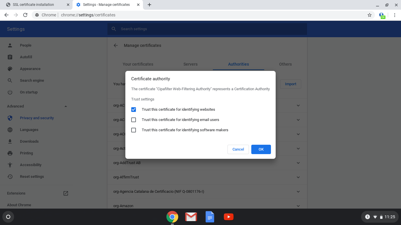 Chrome certificate authority prompt